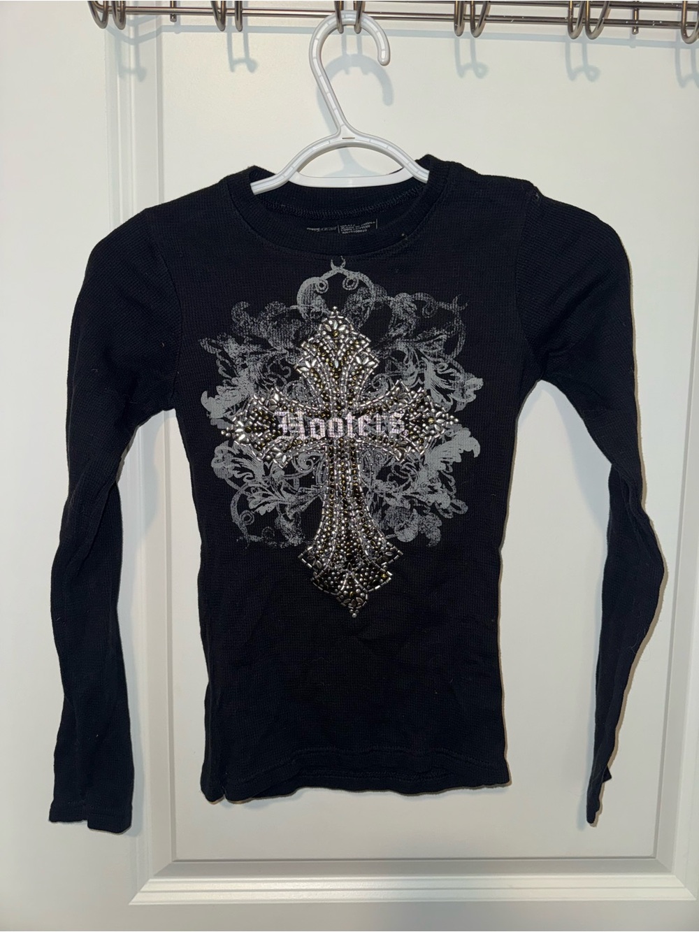 Hooters Black Long Sleeve Thermal Tee with Studded Cross Graphic